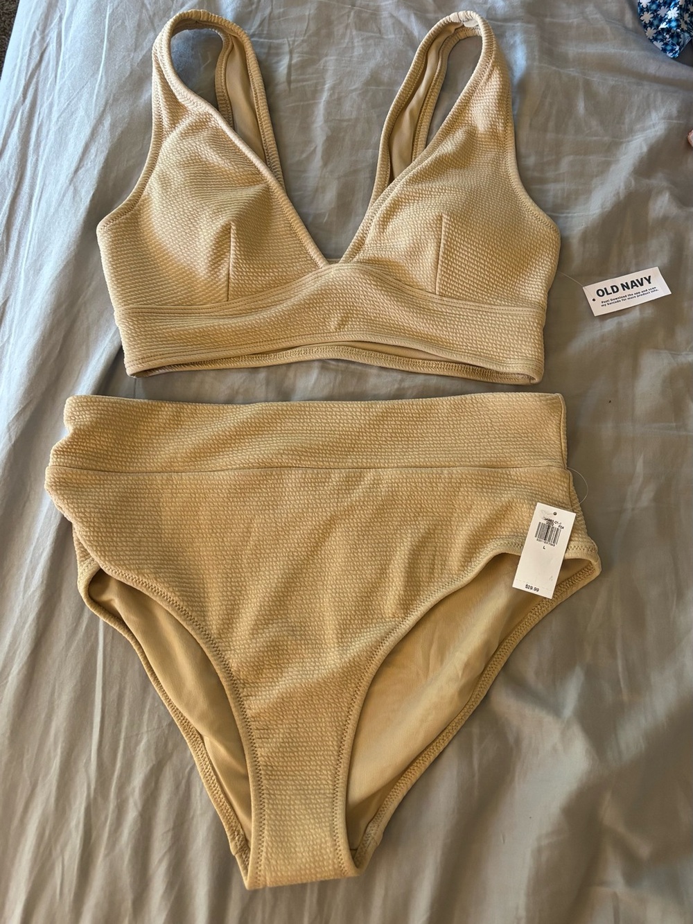 Old Navy Beige Textured V-Neck Bikini Top with High-Waist Bottoms M top L bottom